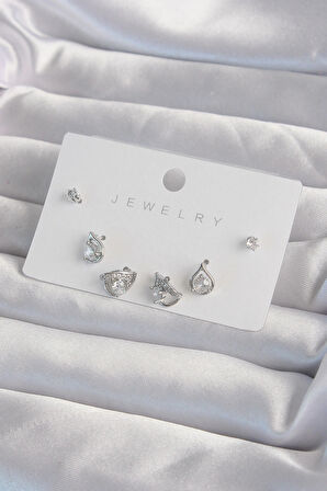 Dodes Dodes Pirinç Gümüş Renk Zirkon Taşlı Damla Model Küpe Seti TG27BKP9320