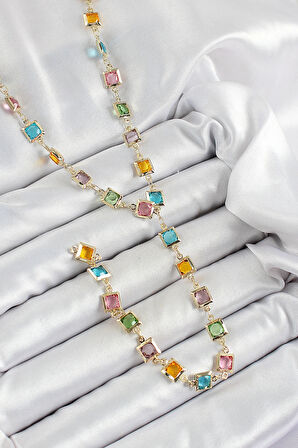 Dodes Pirinç Asorti Kare Model Gold Renk Zirkon Taşlı Y Kolye TG27BKO10253