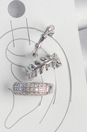 Dodes Pirinç Gümüş Renk Zirkon Taşlı 3'Lü Model Yaprak Figür Kadın Kıkırdak Küpe TG27BKP10564