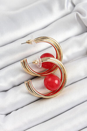 Dodes Pirinç Gold Renk Halka Model Kırmızı Boncuk Detay Kadın Küpe TG27BKP10366