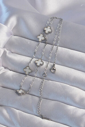 Dodes 316L Çelik Gümüş Renk Minimal Beyaz Sedefli Yonca Kolye TG27BKO9001