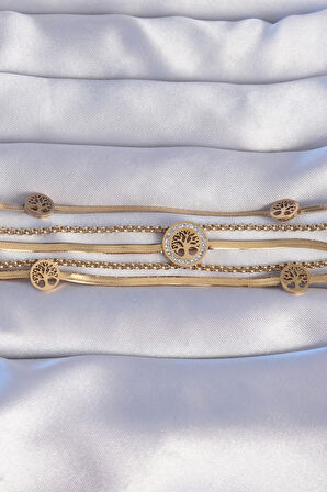 Dodes 316L Çelik Gold Renk İtalyan Zincir Detaylı Zirkon Taşlı Yaşam Ağacı Tasarımlı Çoklu Bileklik TG27BB6205