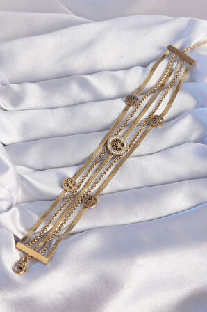 Dodes 316L Çelik Gold Renk İtalyan Zincir Detaylı Zirkon Taşlı Yaşam Ağacı Tasarımlı Çoklu Bileklik TG27BB6205