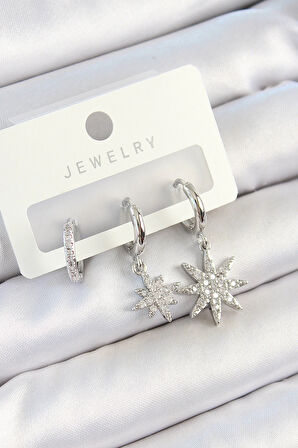 Dodes Pirinç Zirkon Taşlı Kutup Yıldızı Model Gümüş Renk 3'lü Çift Kadın Küpe Set TG27BKP10807