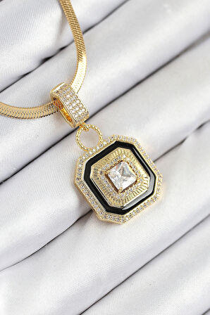 Dodes Dodes 316L Çelik Zirkon Taşlı Siyah Detaylı Baget Model Gold Renk Kadın Kolye TG27BKO10529