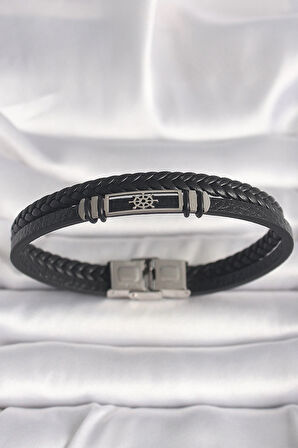 Dodes 316L Çelik Gümüş Renk Gemi Dümeni Figür Siyah Burgu Deri Kordon Model Erkek Bileklik TG27EB3701