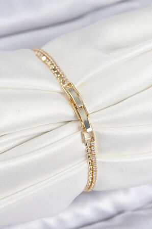 Dodes Pirinç Zirkon Taşlı Ezme Zincirli Sıralı Model Gold Renk Kadın Bilekilk TG27BB7655