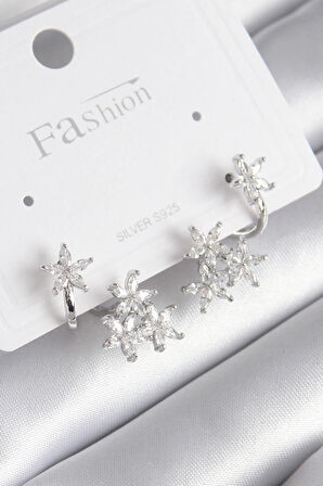 Dodes Pirinç Gümüş Renk Zirkon Taşlı Çiçek Tasarım Kadın Küpe TG27BKP8606