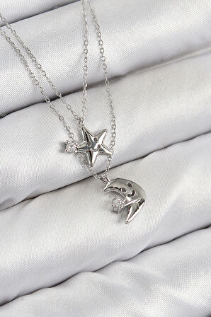 Dodes Pirinç Zirkon Taşlı Yıldız Ve Ay Model Gümüş Renk Kadın Kolye TG27BKO10423