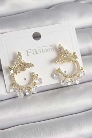 Dodes Dodes Pirinç Gold Renk Zirkon Taşlı Sallantı Detay Kelebek Model Kadın Küpe TG27BKP9901