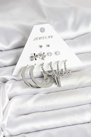 Dodes Dodes Pirinç Gümüş Renk 6 Çift Kadın Küpe Seti TG27BKP11340