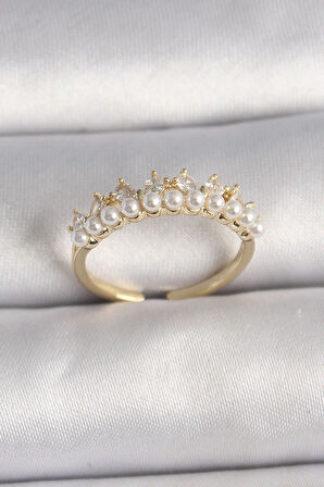 Dodes Pirinç Gold Renk Zirkon Taşlı İncili Taç Model Ayarlanabilir Kadın Yüzük TG27BYK3576