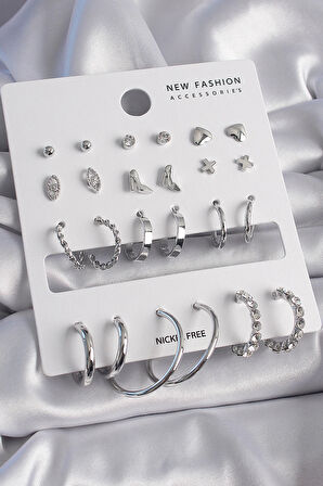 Dodes Pirinç Gümüş Renk 12 Çift Kadın Küpe Seti TG27BKP9683