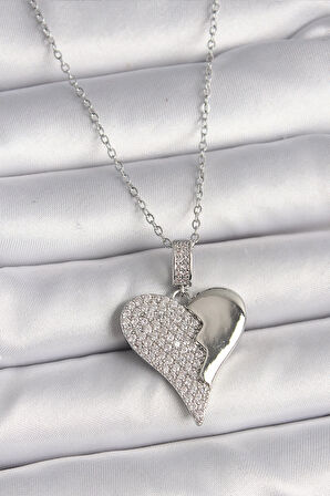 Dodes 316L Çelik Gümüş Renk Zincir Zirkon Taşlı Kırık Kalp Model Kadın Kolye TG27BKO9756