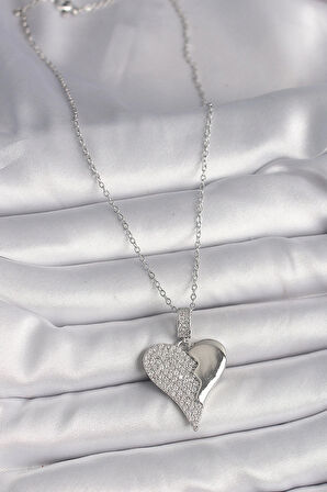 Dodes 316L Çelik Gümüş Renk Zincir Zirkon Taşlı Kırık Kalp Model Kadın Kolye TG27BKO9756