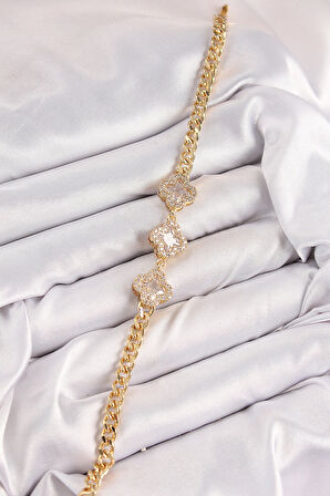 Dodes Dodes Pirinç Zirkon Taşlı Yonca Model Gold Renk Kadın Bileklik TG27BB7897