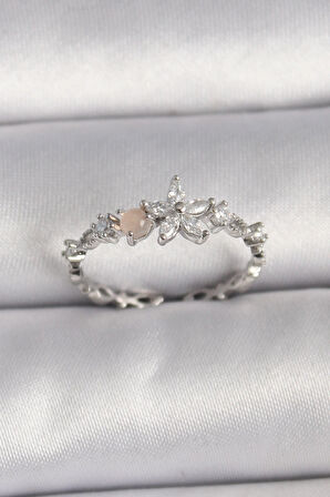 Dodes Pirinç Gümüş Renk Zirkon Taşlı Çiçek Model Ayarlanabilir Yüzük TG27BYK3564