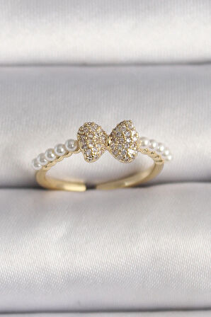 Dodes Pirinç Gold Renk Zirkon Taşlı Fiyonk İnci Detay Ayarlanabilir Yüzük TG27BYK3525