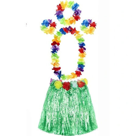 Dodes Yetişkin ve Çocuk Uyumlu Luau Aloha Hawaii Yeşil Etek ve Renkli Kolye Taç 2 Adet Bileklik Seti