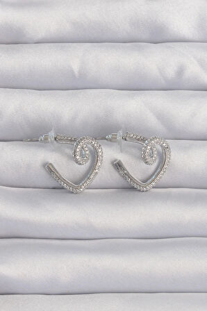 Dodes Pirinç Gümüş Renk Zirkon Taşlı Kıvrımlı Yarım Kalp Küpe TG27BKP9278