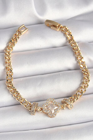Dodes Dodes Pirinç Gold Renk Zirkon Taşlı Yonca Figür Zincir Model Kadın Bileklik TG27BB6818
