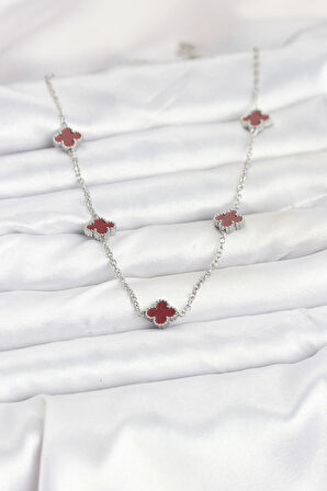 Dodes Dodes 316L Çelik Zincir Gümüş Renk Bordo Baby Boy Yonca Kadın Kolye TG27BKO10577