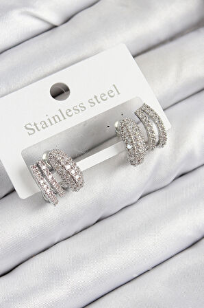 Dodes Dodes Pirinç Zirkon Taşlı Kıvrımlı Model Gümüş Renk Kadın Küpe TG27BKP11113