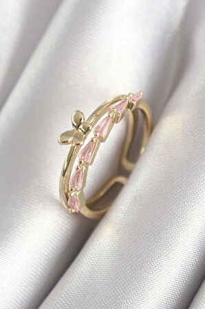 Dodes Pirinç Gold Renk Zirkon Taşlı Kelebek Figür Kadın Yüzük TG27BYK3074