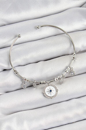 Dodes Pirinç Zirkon Taşlı Pusula Model Gümüş Renk Charm Bileklik TG27BB7349