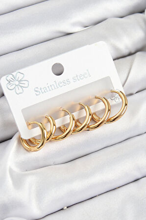 Dodes Dodes 316L Çelik Halka Model Gold Renk 3'lü Set Kadın Küpe TG27BKP10983