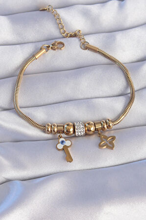 Dodes Dodes 316L Çelik Gold Renk Zirkon Taşlı Yonca Detay Nazarlı Anahtar Tasarımlı Bileklik TG27BB6203