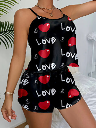 Dodes Aşk Temalı Kalp Desenli Siyah Saten Şortlu Gecelik Takım