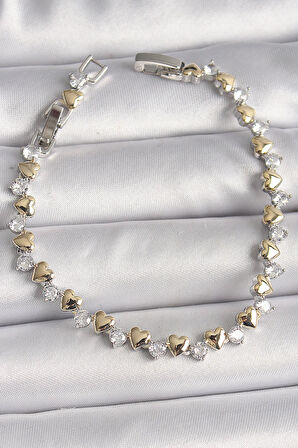 Dodes Pirinç Gümüş Renk Zirkon Taşlı Gold Kalpli VIP Seri Kadın Bileklik TG27BB6714