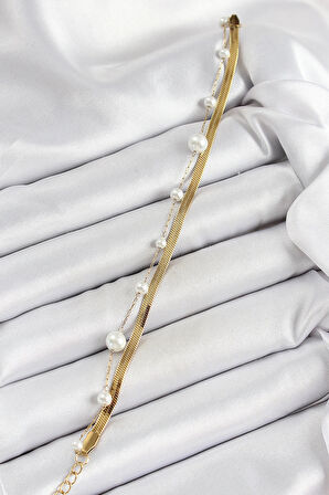 Dodes 316L Çelik Gold Renk İncili ve İtalyan Zincirli Kadın Bileklik TG27BB7094