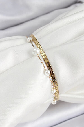 Dodes 316L Çelik Gold Renk İncili ve İtalyan Zincirli Kadın Bileklik TG27BB7094