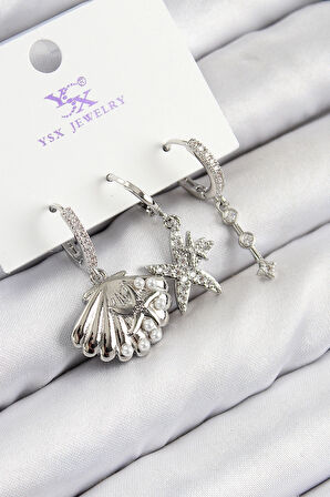 Dodes Pirinç Zirkon Taşlı 3'lü Yıldız Ve İstiridye Model Gümüş Renk Kadın Küpe TG27BKP11131