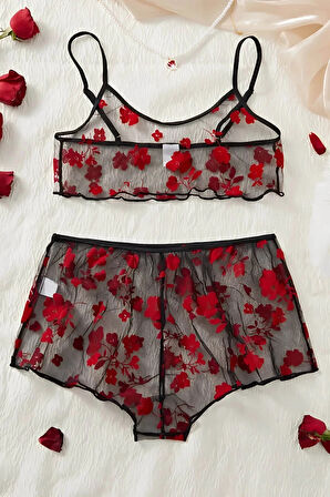 Dodes Çiçek Desenli Siyah Transparan Şortlu Gecelik DL1377