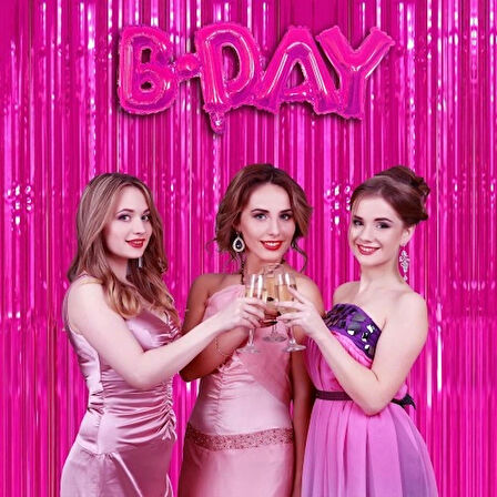 Dodes Ekstra Metalize Parlak Saçaklı Arka Fon Perde Fuşya