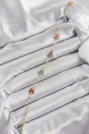 Dodes Dodes Pirinç Gold Renk Karışık Renk Kelebek Zirkon Taşlı Kadın Bileklik TG27BB7057