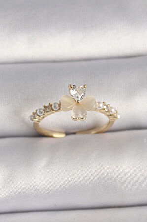 Dodes Pirinç Gümüş Renk Zirkon Taşlı Beyaz Mineli Yonca Model İnci Detay Ayarlanabilir Yüzük TG27BYK3551