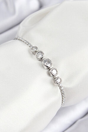 Dodes Dodes Pirinç Zirkon Taşlı Sıralı Daire Model Gümüş Renk Asansörlü Kadın Bileklik TG27BB7718