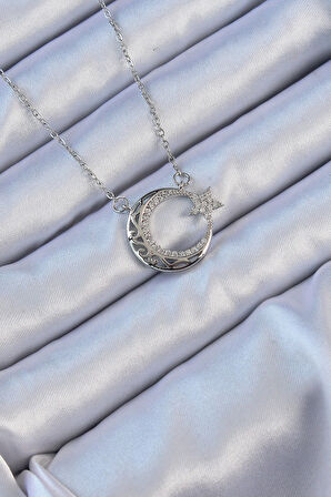 Dodes Dodes 316L Çelik Zincir Gümüş Renk Zirkon Taşlı Motifli Ay Yıldız Kolye TG27BKO9116