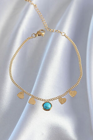 Dodes Dodes 316L Çelik Gold Renk Minimal Kalpli Mavi Taş Detaylı Bileklik TG27BB6178