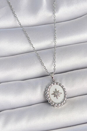 Dodes 316L Çelik Gümüş Renk Zincir Beyaz Mineli Kutup Yıldız İşlemeli Madalyon Model Kadın Kolye TG27BKO10062