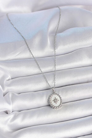 Dodes 316L Çelik Gümüş Renk Zincir Beyaz Mineli Kutup Yıldız İşlemeli Madalyon Model Kadın Kolye TG27BKO10062