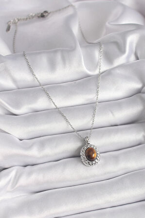 Dodes 316L Çelik Gümüş Renk Zincir Kehribar Boncuk Model Kadın Kolye TG27BKO9491