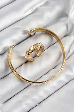 Dodes Dodes Pirinç Zirkon Taşlı Ayrık Model Gold Renk Bileklik Yüzük Set TG27BB7605