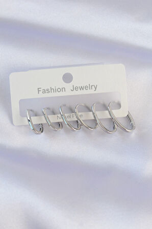 Dodes Dodes Pirinç Gümüş Renk İnce Oval Küpe Seti TG27BKP8989