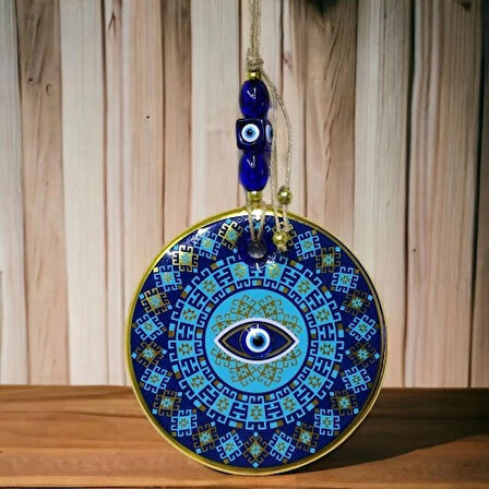 Dodes Yaldızlı Turkuaz Renkli Göz Modelli Nazar Boncuklu Duvar Süsü Cam Duvar Dekoru