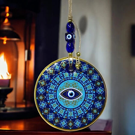 Dodes Yaldızlı Turkuaz Renkli Göz Modelli Nazar Boncuklu Duvar Süsü Cam Duvar Dekoru